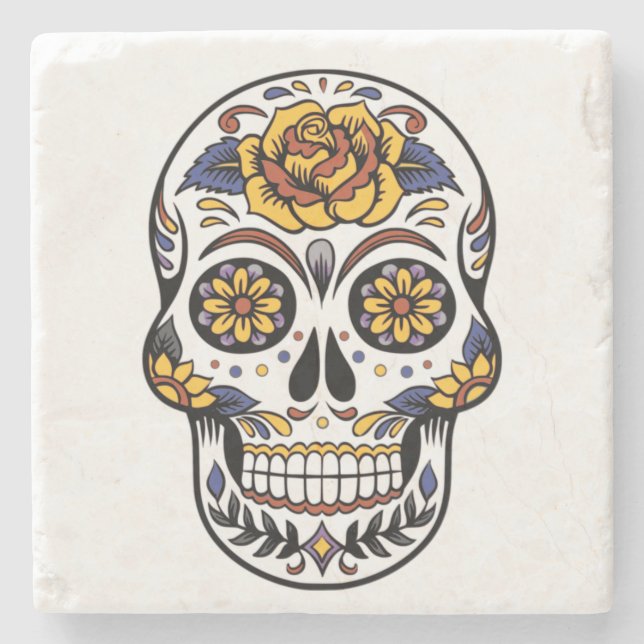 Yellow Rose Sugar Skull Stone Coaster (Front)