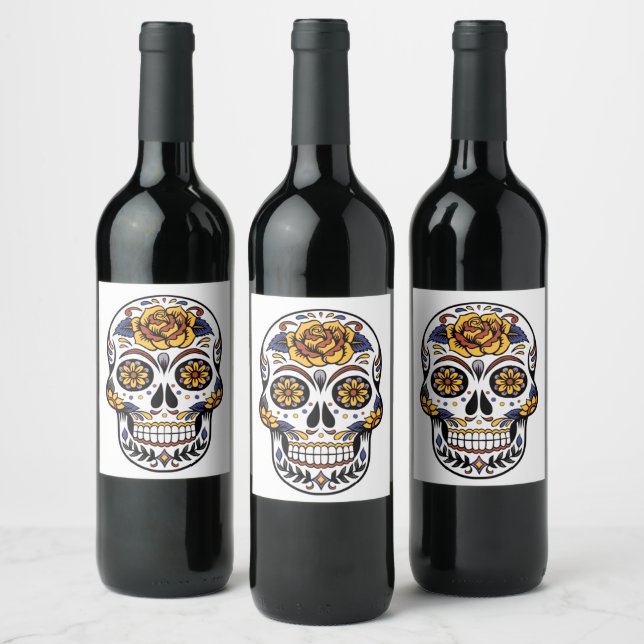Yellow Rose Sugar Skull Wine Label (Bottles)
