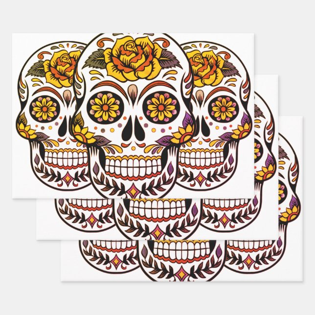 Yellow Rose Sugar Skull Wrapping Paper Sheet (Set)