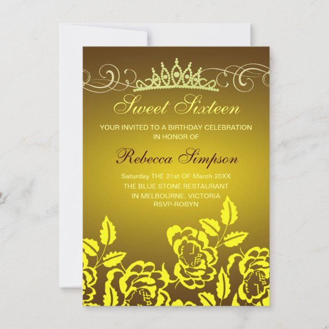 Yellow Rose & Tiara Birthday Invitation (Front)
