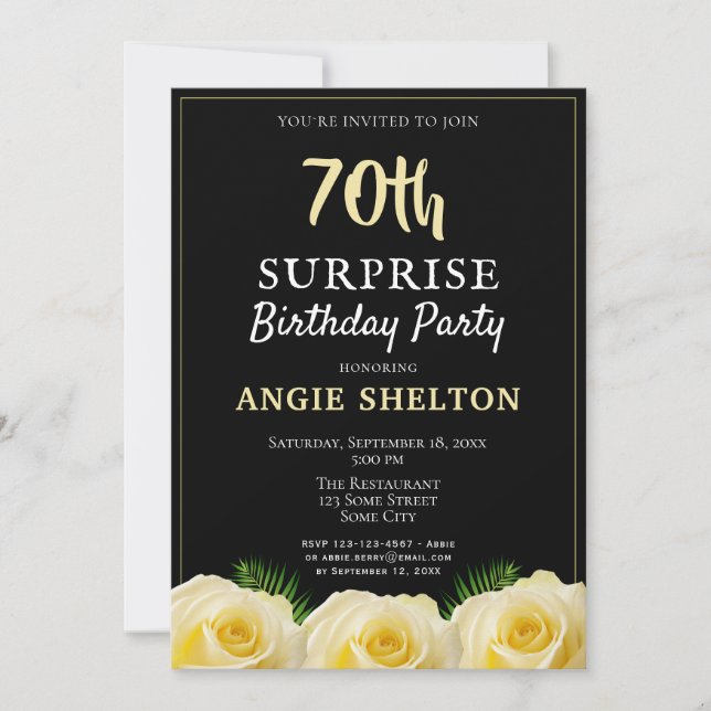 Yellow Rose Tropical 70th Surprise Birthday Party Invitation (Front)