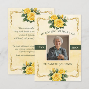 Yellow Rose Watercolor Photo Funeral Memorial Card