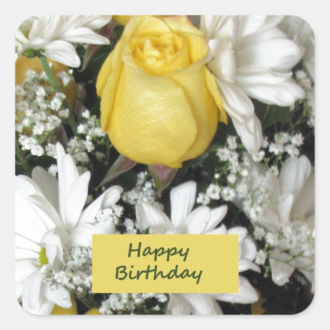 Yellow Rose White Daisie Birthday Square Sticker (Front)