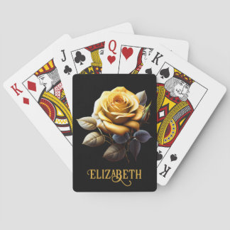 Yellow Rose With Leaves & Thorns Black Background Playing Cards