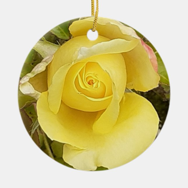 Yellow Rosebud  Ceramic Tree Decoration (Front)