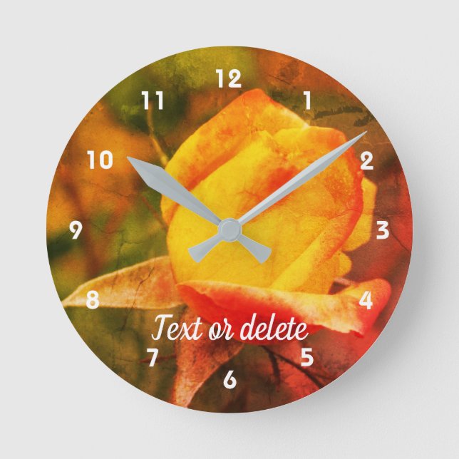 Yellow Rosebud With Red Highlights Floral Art Round Clock (Front)