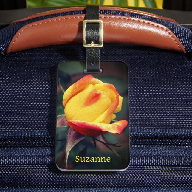 Yellow Rosebud With Red Highlights Personalised Luggage Tag (Front Insitu 2)