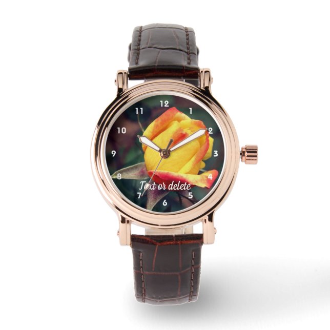 Yellow Rosebud With Red Highlights Personalised Watch (Front)