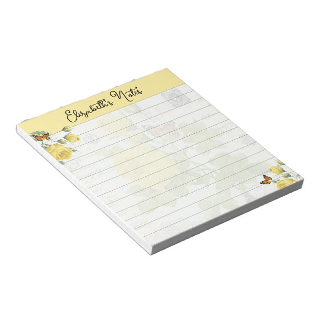Yellow roses and butterflies personalised notepad (Angled)