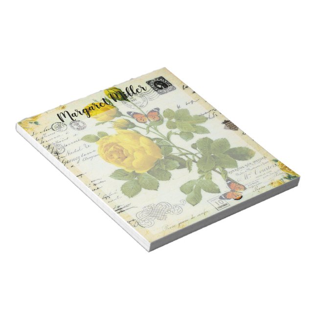 Yellow roses and butterflies personalised notepad (Angled)