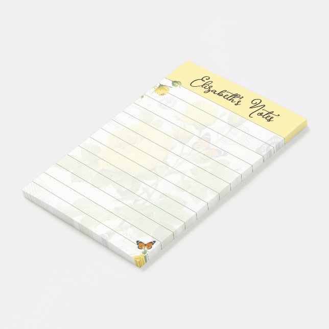 Yellow roses and butterflies personalised post-it notes (Angled)