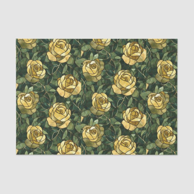 Yellow Roses and Green Stained Glass Effect Tissue Paper (Front)