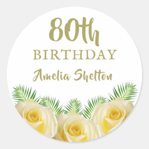 Yellow Roses and Leaves Floral 80th Birthday  Classic Round Sticker