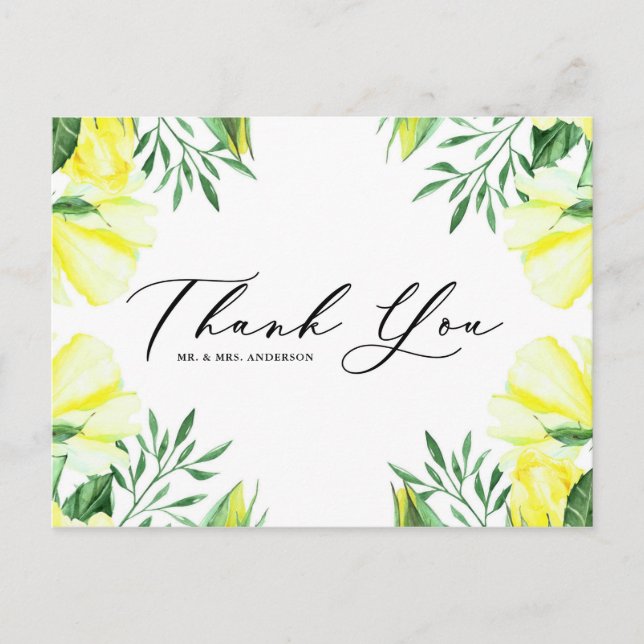 Yellow Roses and Peonies Bouquet Wedding Thank You Postcard (Front)