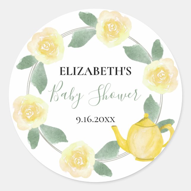Yellow Roses and Teapot Baby Shower Classic Round Sticker (Front)