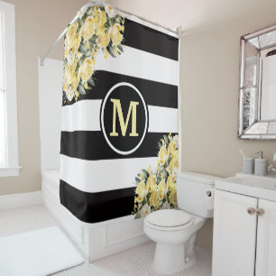 Yellow Roses Black and White Striped Monogram Shower Curtain