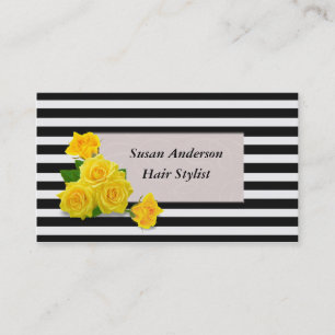Yellow Roses Black and White Stripes Hair Stylist Business Card