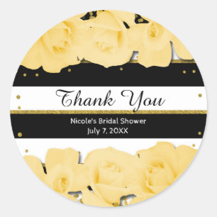 Yellow Roses Black Stripes & Gold Bridal Shower Classic Round Sticker