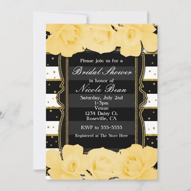 Yellow Roses Black Stripes & Gold Bridal Shower Invitation (Front)