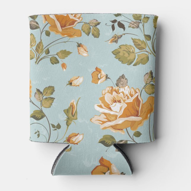 Yellow Roses Blue Background Wallpaper Can Cooler (Front)