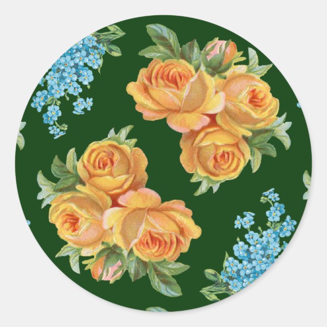 Yellow Roses Blue Flowers on Green Sticker (Front)