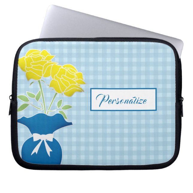 Yellow Roses Blue Vase Gingham Laptop Laptop Sleeve (Front)