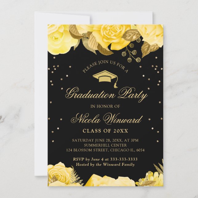 Yellow Roses Border Floral Graduation Invitation (Front)