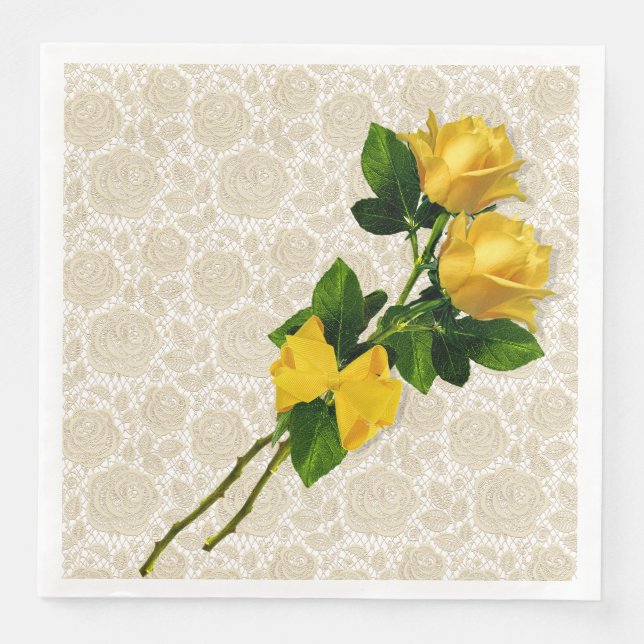 Yellow Roses Bow Ivory Lace on White Paper Napkins (Front)