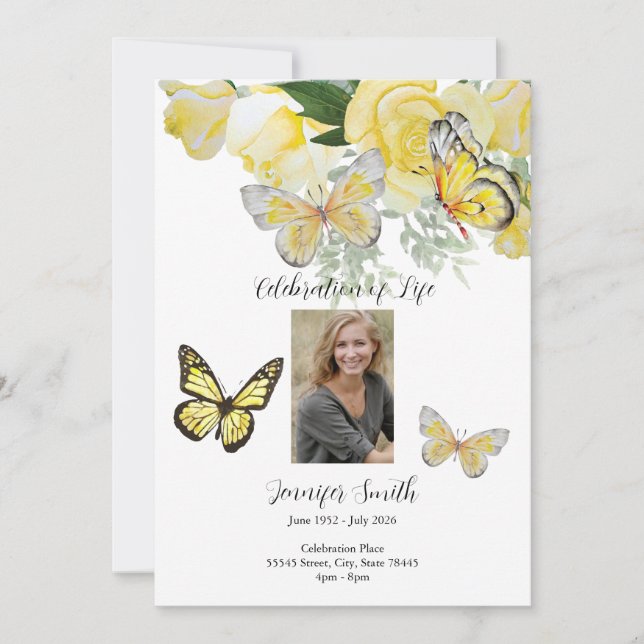 Yellow Roses Butterfly Funeral Invite Announcement (Front)