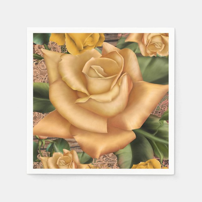 Yellow Roses & Country Rustic Wood Bridal Shower Napkin (Front)