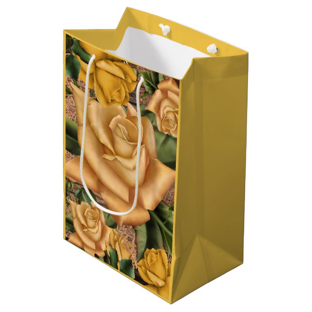 Yellow Roses & Country Rustic Wood Shabby Chic Medium Gift Bag (Front Angled)