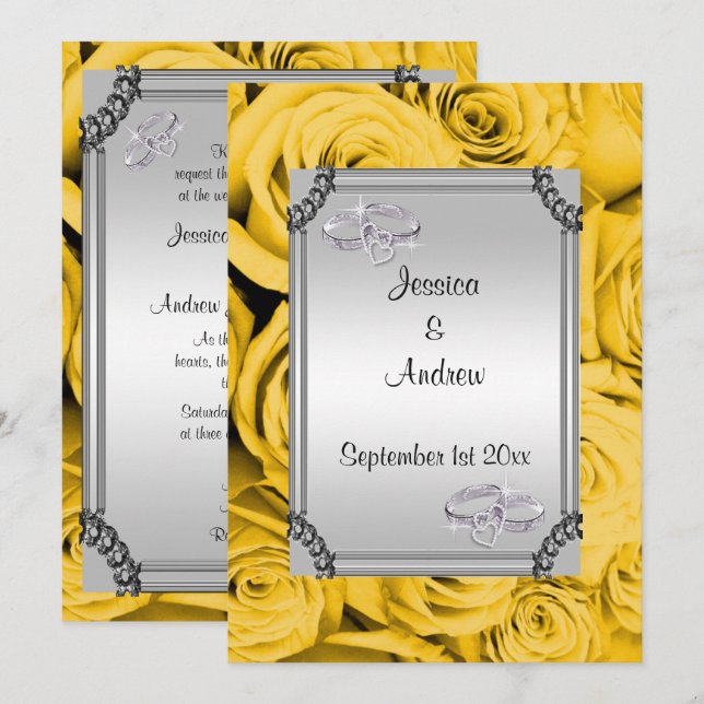 Yellow Roses & Diamond Wedding Rings Invitation (Front/Back)