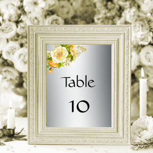 Yellow Roses Elegant Silver Wedding Table Number