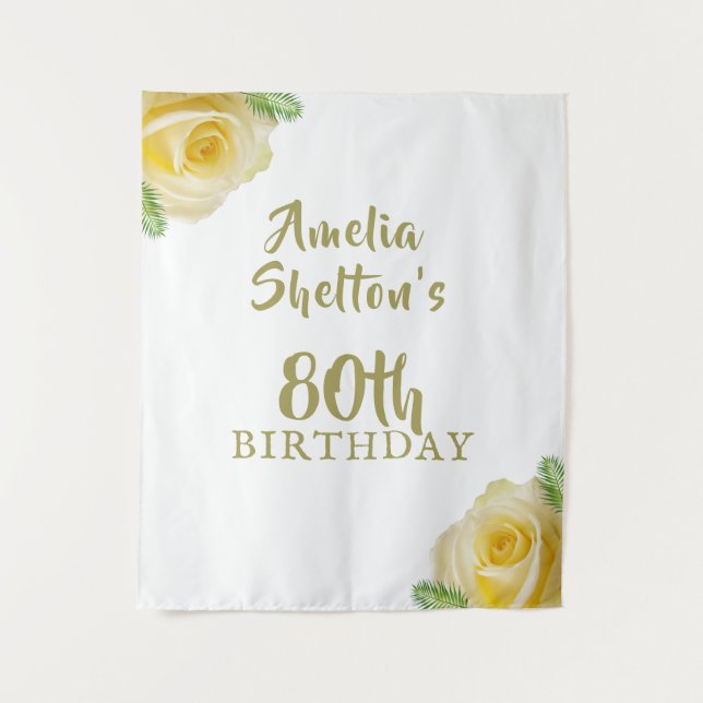 Yellow Roses Floral 80th Birthday Party Backdrop Tapestry (Front)