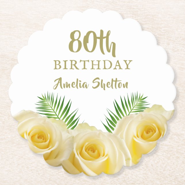 Yellow Roses Floral 80th Birthday Party Paper Coaster (Front)