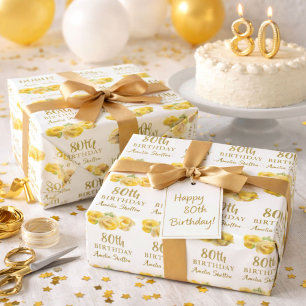 Yellow Roses Floral 80th Birthday Party Wrapping Paper