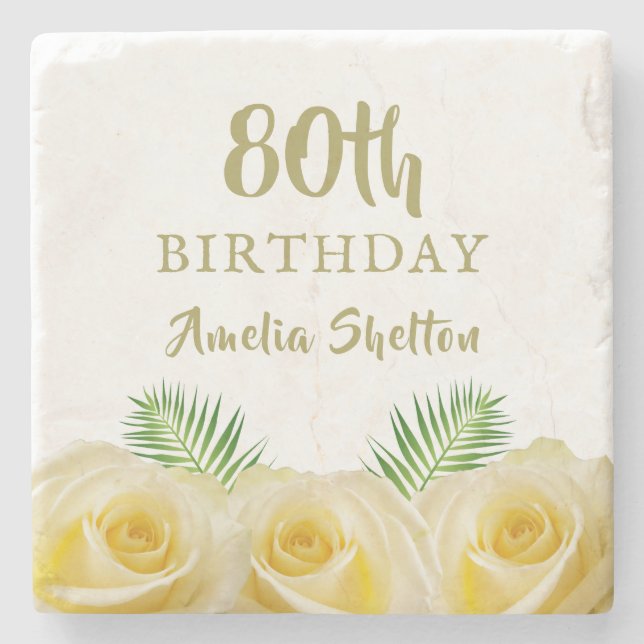 Yellow Roses Floral 80th Birthday Stone Coaster (Front)