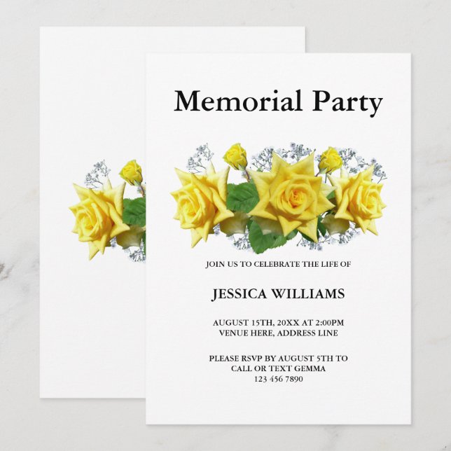 Yellow Roses Floral  Memorial Party Invitation (Front/Back)