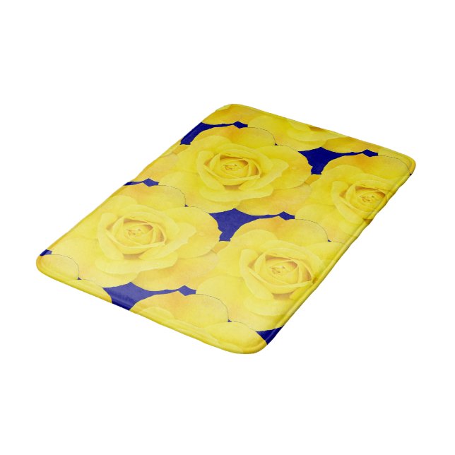 Yellow Roses Flowers Gold Floral Pattern Navy Blue Bath Mat (Angled)