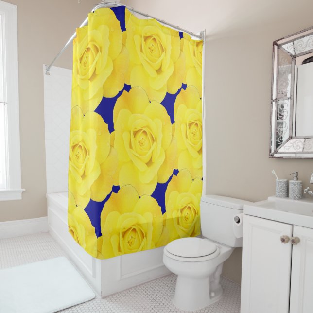 Yellow Roses Flowers Gold Floral Pattern Navy Blue Shower Curtain (In Situ)
