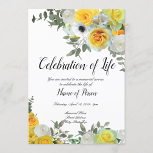 Yellow Roses Funeral Announcement Invitation