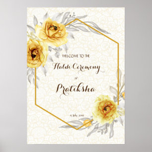 Yellow roses geometric personalised Haldi welcome Poster
