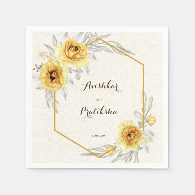 Yellow roses geometric personalised name wedding  napkin (Front)