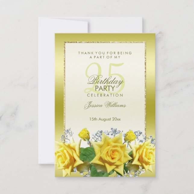 Yellow Roses & Gold Glitters 25th Birthday Thank You Card (Front)