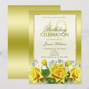 Yellow Roses & Gold Glitters 40th Birthday Invitation