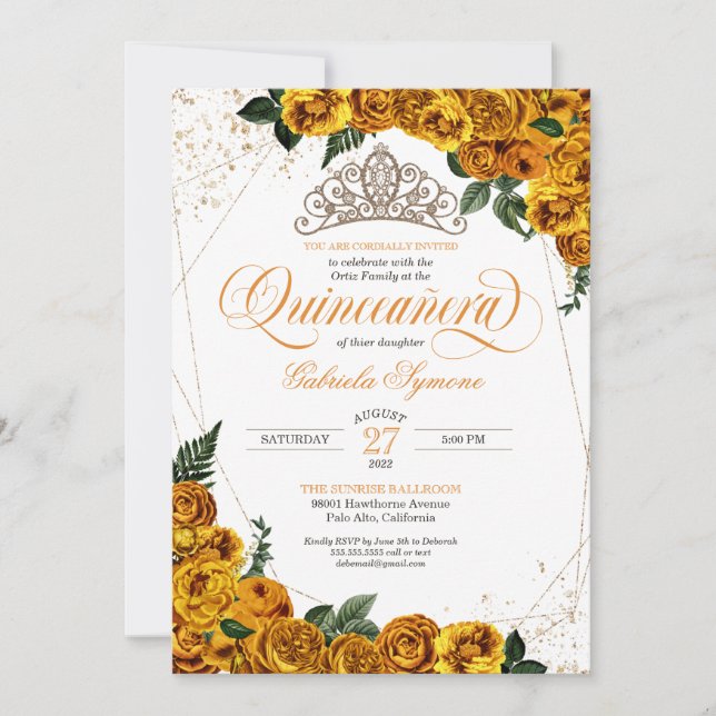 Yellow Roses & Gold Tiara Elegant Quinceañera Invitation (Front)