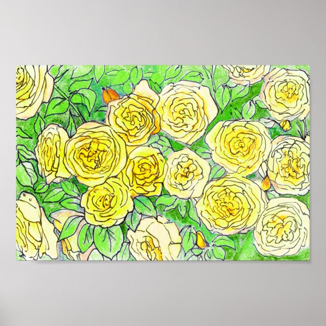 Yellow Roses, Green Leaves Rose Garden Floral Art  Poster (Front)