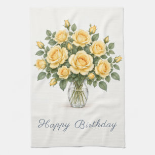 Yellow Roses Happy Birthday Tea Towel