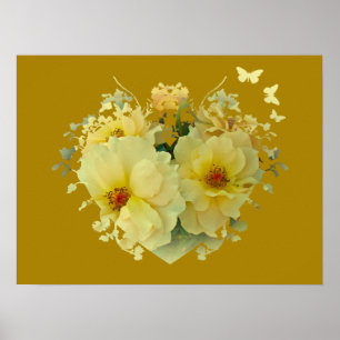 Yellow Roses Heart on Gold Poster