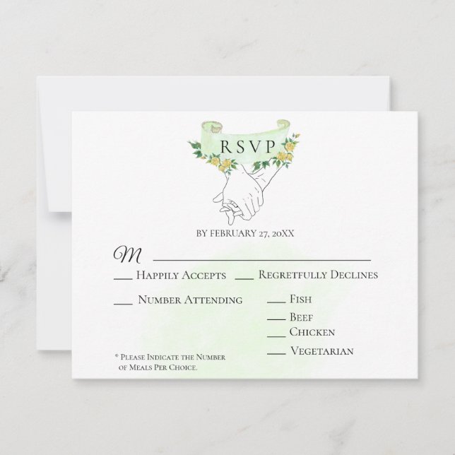 *~* Yellow Roses Holding Hands Wedding RSVP Card (Front)